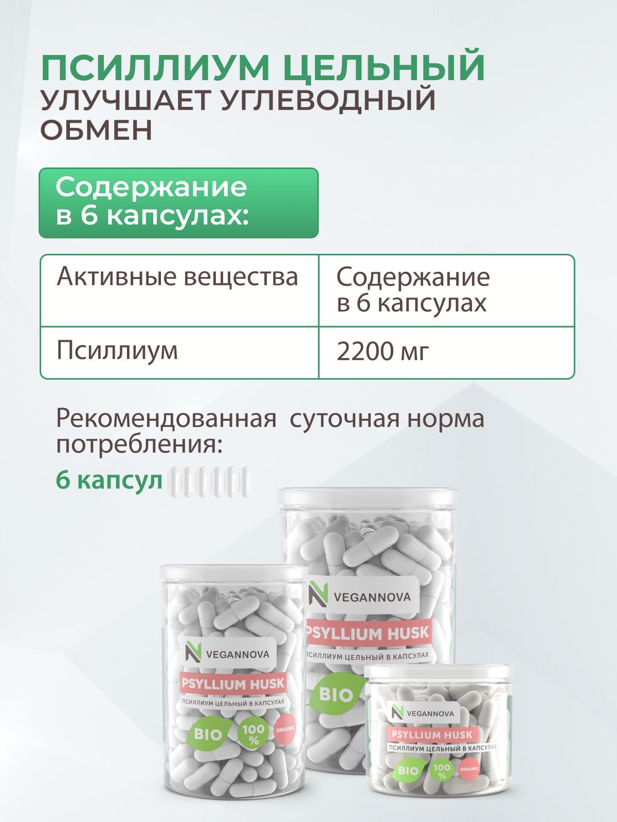 VeganNova Псиллиум (шелуха семени подорожника), клетчатка, 90 капсул