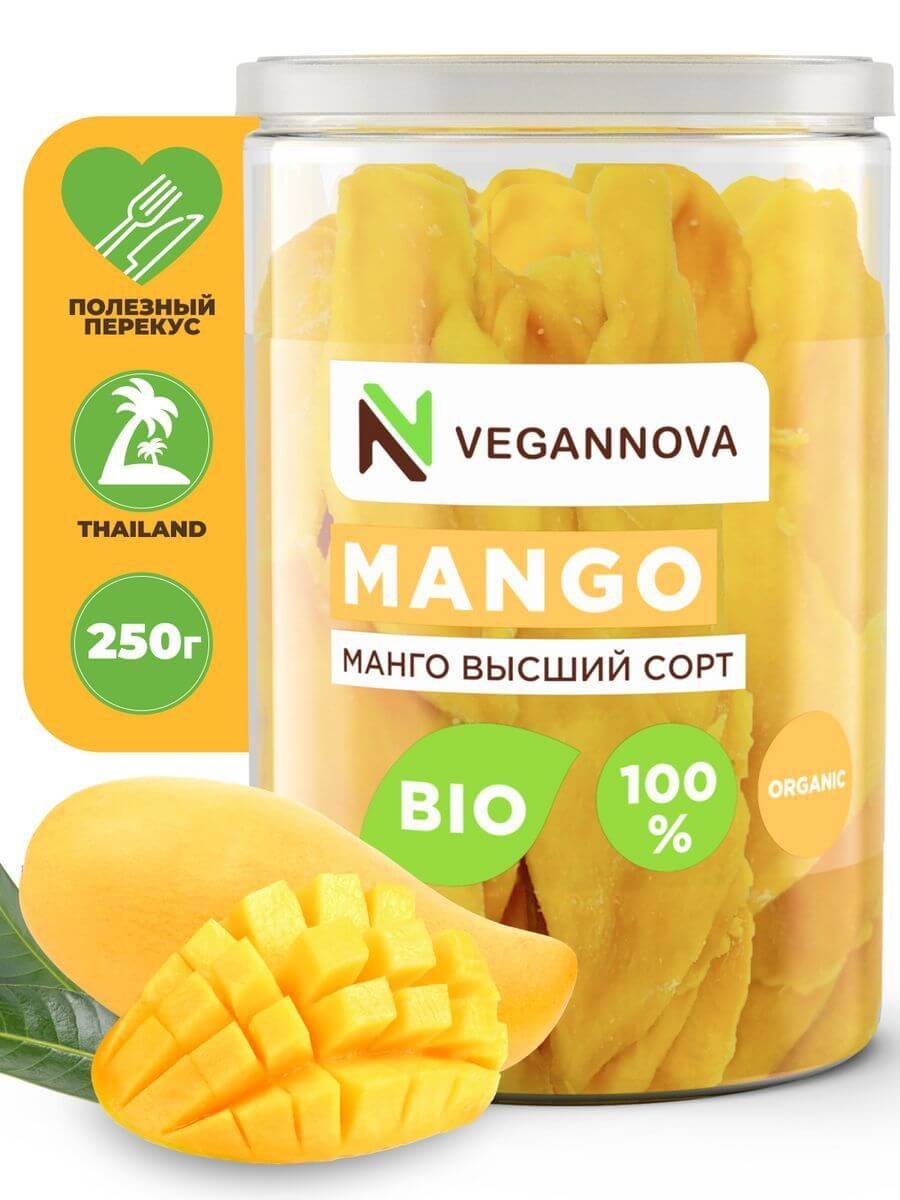 VeganNova Манго сушеное без сахара, 100% натуральное, 250 г
